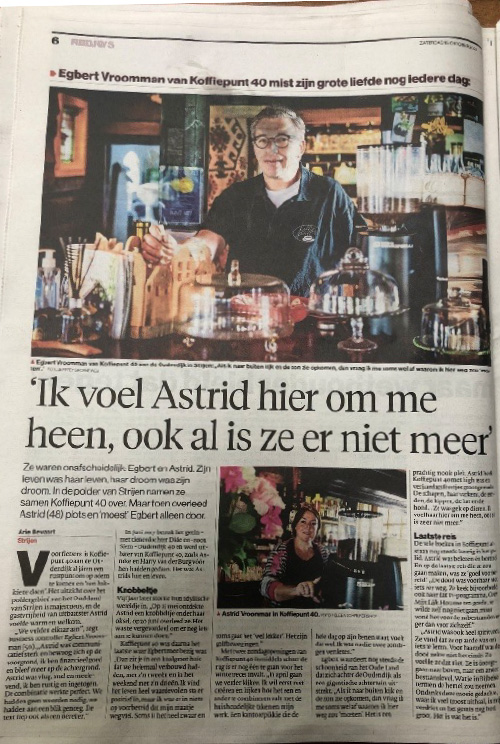 afbeelding van het krantenartikel over Koffiepunt 40 en het overlijden van Astrid Vroomman